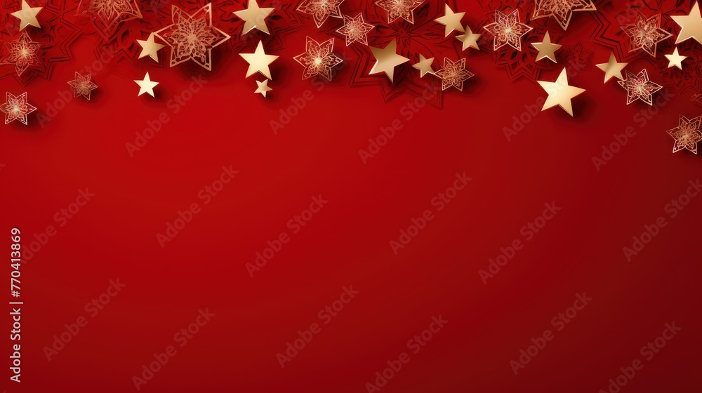 A festive red Christmas background adorned with a border made of cutout gold foil stars and silver snowflakes.