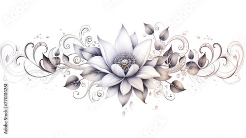 mandala, lotus, floral, flowers and vines tattoo design, in the style of suspended/hanging, white background, pointillist optical illusions