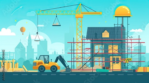 Colorful illustration of a construction site with cranes  excavators  and a building under construction against a cityscape.