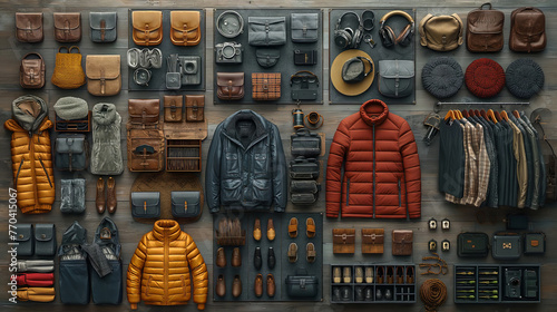 Marvel at the detailed arrangement of clothes and accessories in a stunning 3D knolling graphic for men. 3D render for web page photo