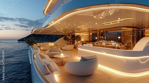 A large outdoor lounge and backlit stone bar with teak decking and white furniture on a super yacht. Generative AI. photo