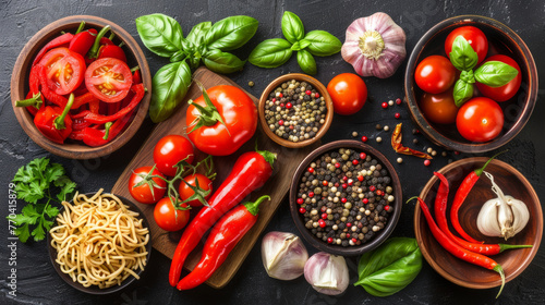 A variety of vegetables and spices are displayed on a wooden cutting board. The vegetables include tomatoes, peppers, and garlic, while the spices include black pepper and red pepper flakes