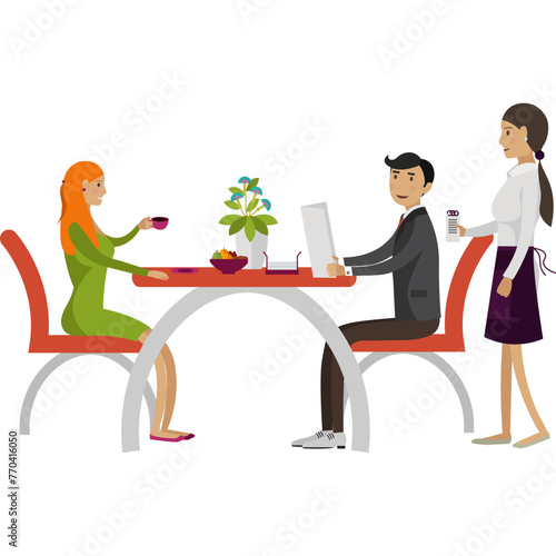 Couple having dating at restaurant vector icon isolated on white