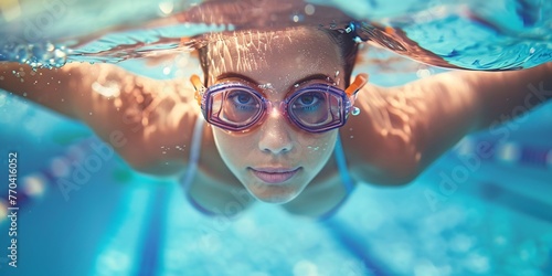 Woman swimming in pool, underwater snapshot.