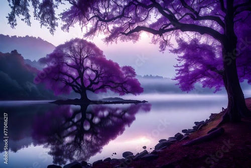 Misty morning light unveils a picturesque scene of a lonely purple tree by the serene lake's shoreline.