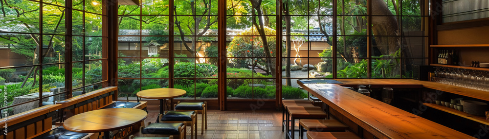 In the embrace of wood and serenity, a Japanese bar offers a lush garden view, a sanctuary of peace.