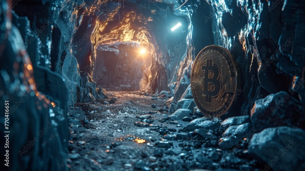Bitcoin mining operation in a digital cave - obrazy, fototapety, plakaty 