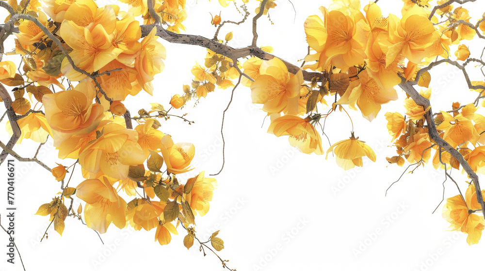 A branch with yellow flowers is shown against a white background. The flowers are in full bloom, and the branch is full of them. Concept of beauty and natural wonder - obrazy, fototapety, plakaty 