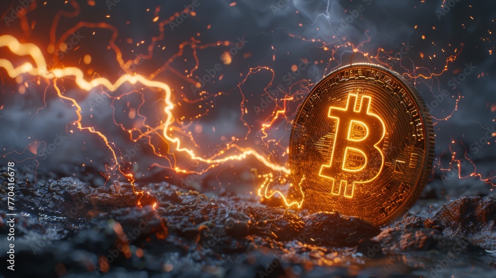 Bitcoin storm, digital lightning forging coins - obrazy, fototapety, plakaty 