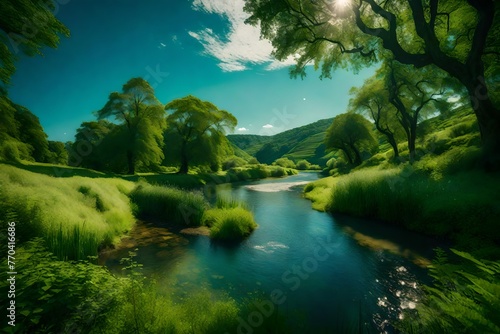 A pristine countryside river meandering through lush green landscapes  glistening under the clear blue sky.