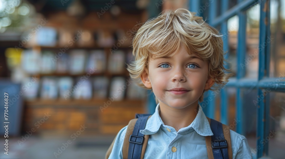 A young student in uniform enters with a charming blonde boy carrying a school bag. A young student in uniform enters with a charming blonde boy carrying a school bag.