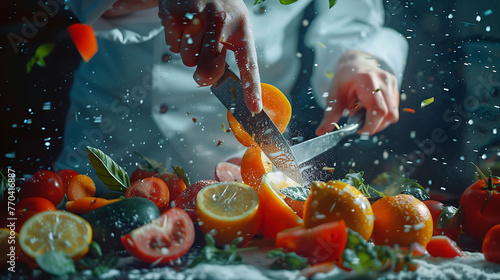 A chief is cutting the vegetables and fruits in the kitchen Generated Ai.