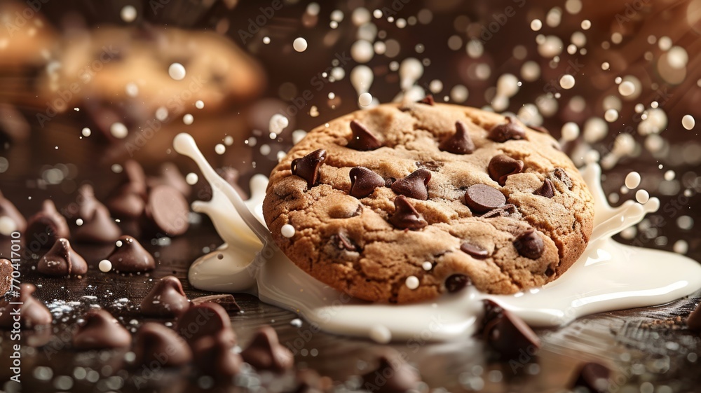 Chocolate chip cookies with milk splash 3D display - obrazy, fototapety, plakaty 
