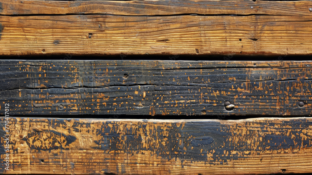 A wooden surface with a black and brown color scheme. The wood appears to be old and weathered, with some parts of it being black and others brown. Scene is somewhat somber and nostalgic - obrazy, fototapety, plakaty 