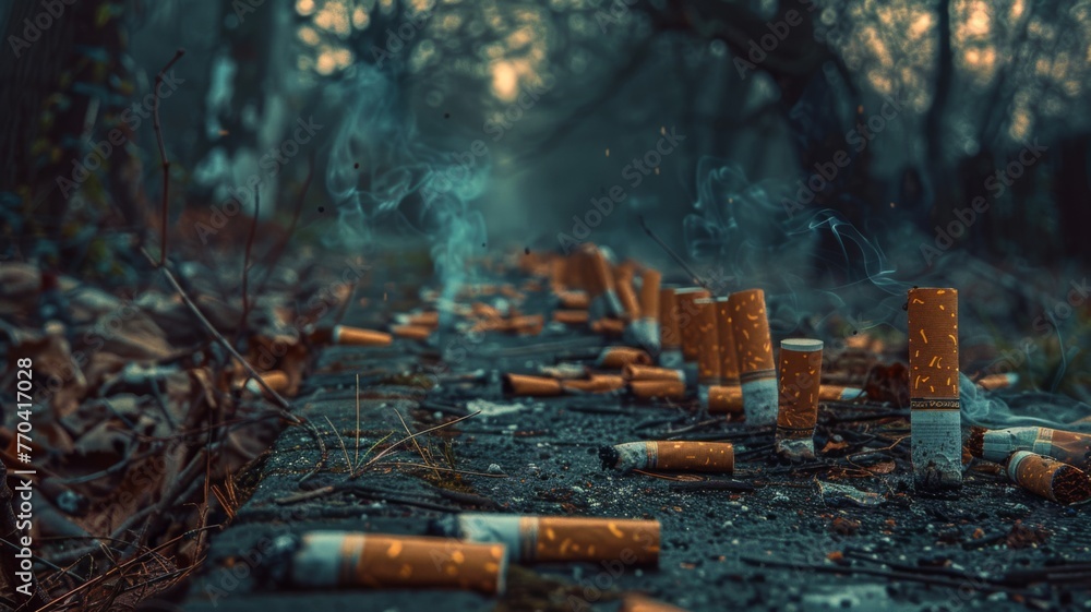 Cigarette butts forming a path leading to an early grave - obrazy, fototapety, plakaty 