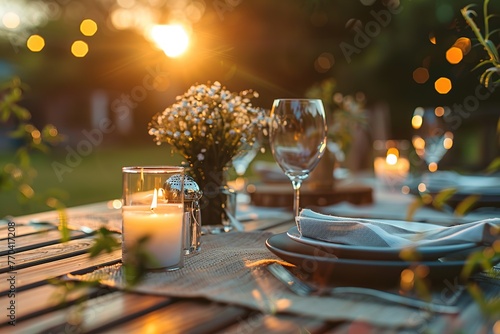 Elegant outdoor dining setup in natural light with candles and flowers. photo