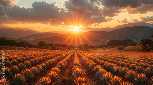 The sunset above a field of Agave used for making Tequila in the state of Mexico. photo