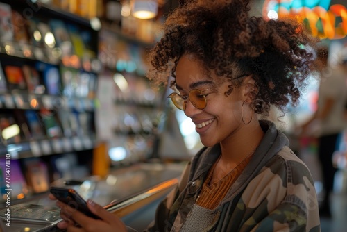 Woman smiling and using mobile for online payment, Generative AI