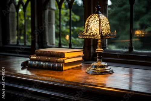 A black leather bound book is placed on a polished wooden table, surrounded by vintage reading lamps and antique leather armchairs, within the ambiance of a timeless library. photo