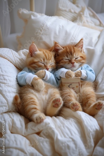 Two orange kittens are sleeping on a bed with a blue blanket