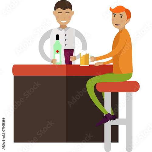 Pub visitor and bartender characters vector icon isolated on white