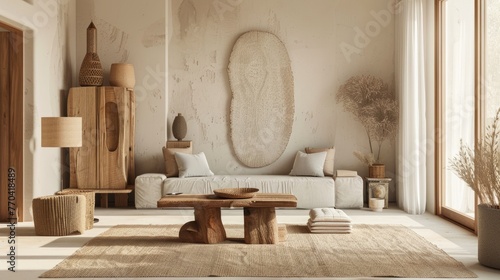 a photorealistic mediterranean styled living room combined with japandi furniture and wall decoration, using earth colors and natural materials, plain walls and a light wooden floo   photo