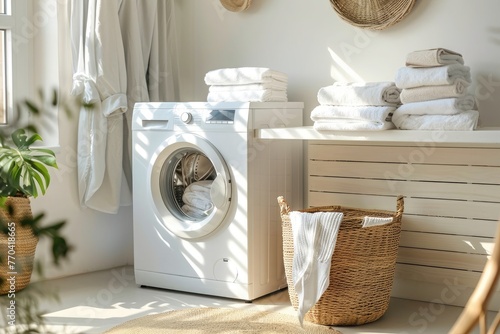 Laundry room interior with washing machine and basket of towels. © ttonaorh