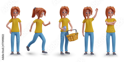 Red haired teenage girl in different poses. Vector realistic female character