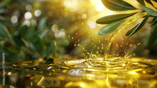 Olive oil cascade near olive branch 3D artwork