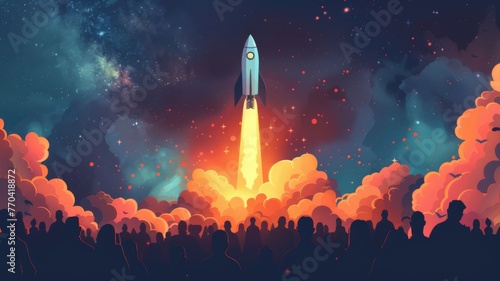 Paid reach rocket launching over a crowd of digital users