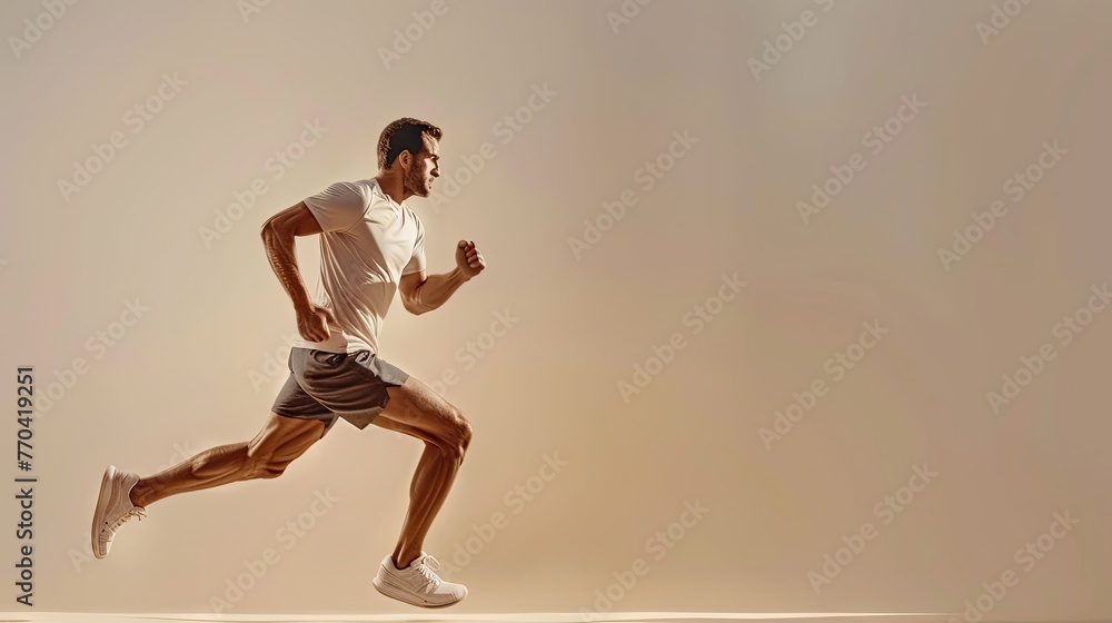 a side view of a man running. He should be wearing workout clothing. The background should be plain. The lighting and colour should look natural 