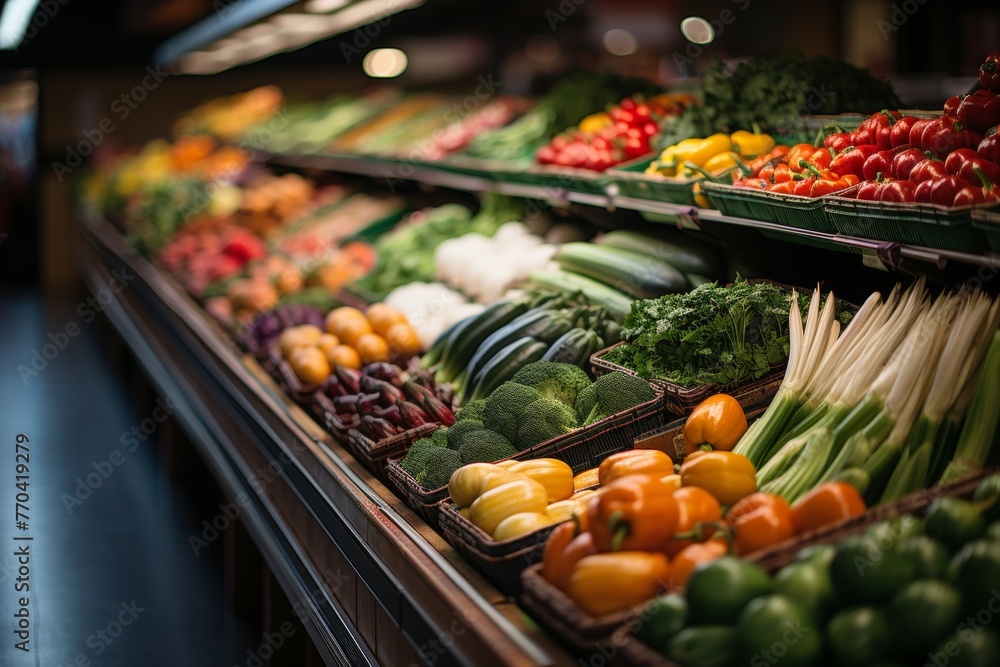Shoppers perspective, POV, down a brightly lit grocery store aisle, with a shopping cart, fresh produce and packaged goods on display aisles Shoppers perspective, POV, down a brightly lit grocery store aisle, with a shopping cart, fresh produce and packaged goods on display aisles