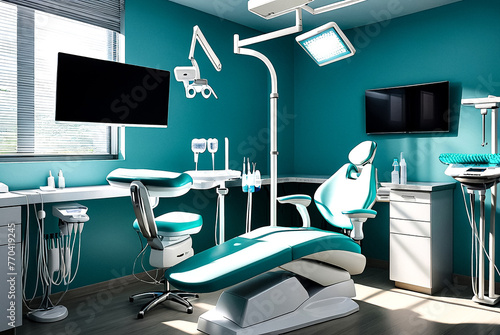 Close-up dental equipment in dentistry room in new modern stomatological clinic office. Background of interior dental accessories used by dentists in blue color. Copy space, text place