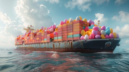 Modern new cargo ship full of easter eggs. Generative AI.