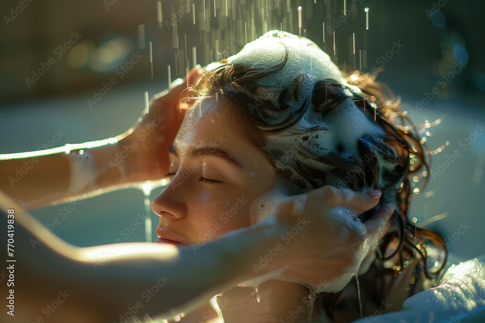 beautiful woman is getting her hair washed in the bathtub. Golden light shines on them from behind. Hands are washing her head with shampoo. clean blue natural tones in the bathroom background with so
