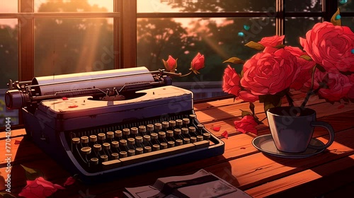 Typewriter desk overlooking with heirloom roses. Vintage old timey effects looping 4k video animation background photo