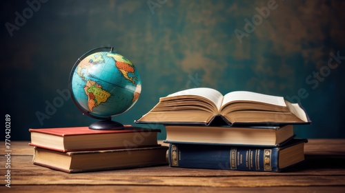 Library illustration, with a background of books and a globe on a pile of books © Ahmadi