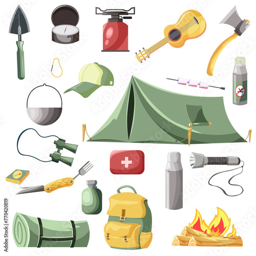 Camping equipment base camp gear and accessories outdoor cartoon travel vector illustration 