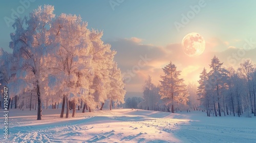 Winter wonderland at night, snow-covered trees under moonlight, magical scene for holiday themes © komgritch