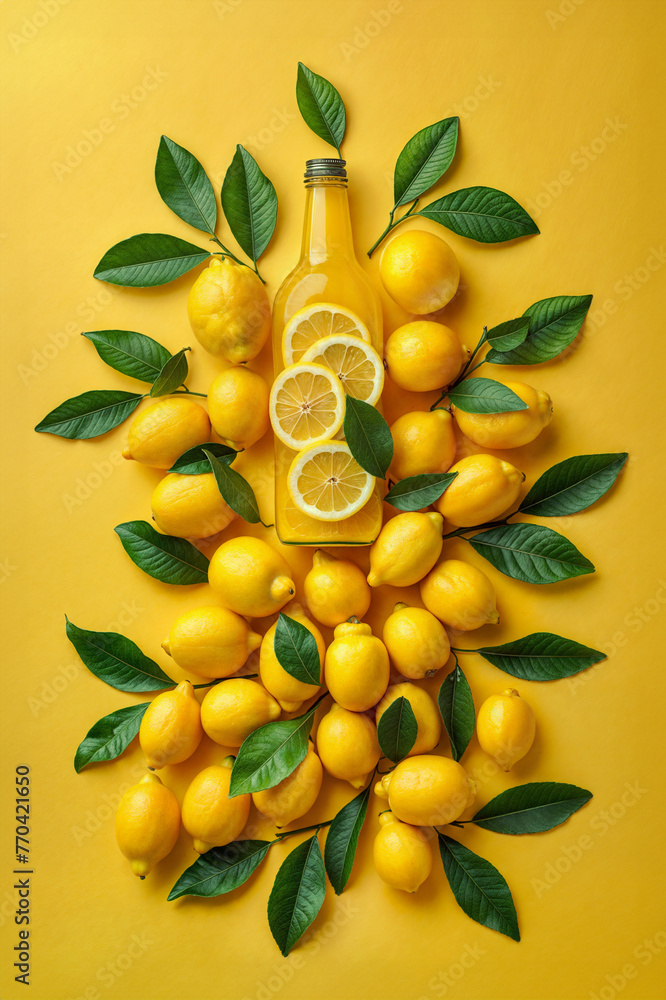 Glass bottle of lemons and leaves on solid yellow background