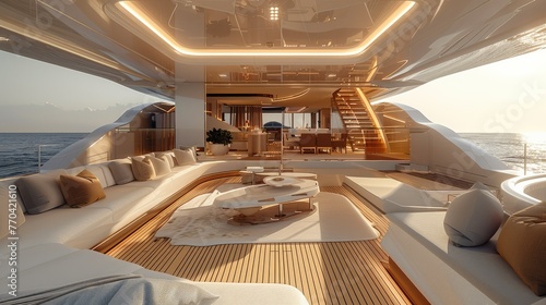 Sailing yacht, upper deck, interior, living room. Generative AI. photo