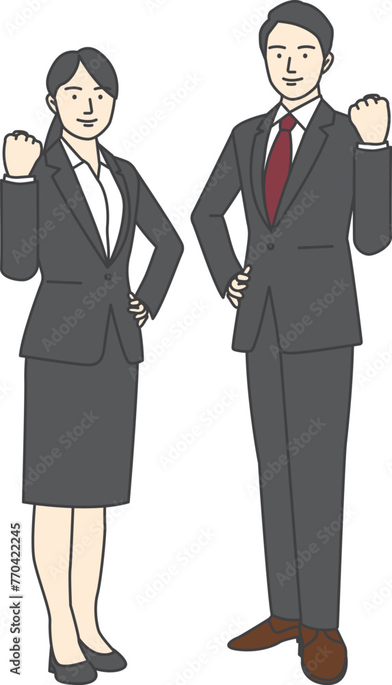 Illustration of a man and woman in business suits, smiling and facing forward with one arm raised.