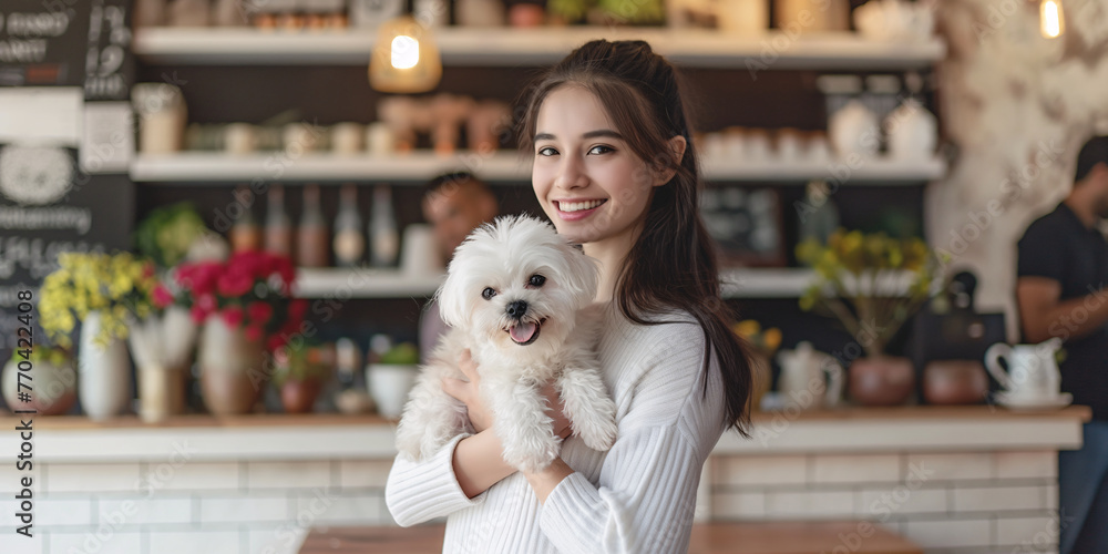 Joyful Woman Cradling Her White Dog in a Cozy Coffee Shop Joyful Woman Cradling Her White Dog in a Cozy Coffee Shop