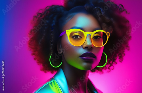 Portrait of curly dark-skinned young hipster woman in neon glasses neon background