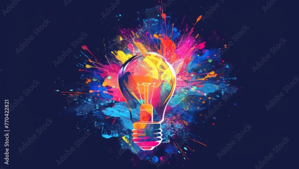 Vibrant light bulb surrounded by a burst of colorful splashes, representing a burst of creative ideas. - obrazy, fototapety, plakaty 