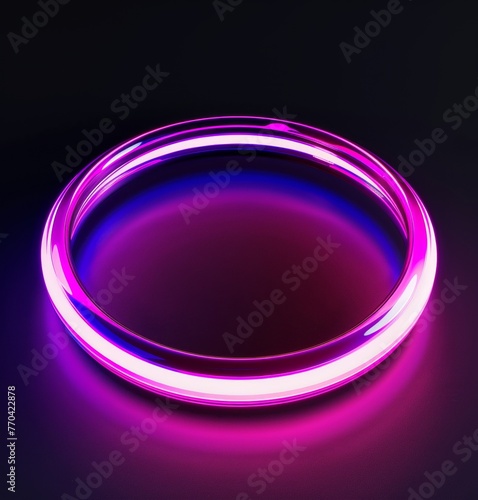 A vibrant neon tube forms a circular shape with glowing blue and pink hues on a dark gradient background, creating a futuristic and sleek appearance