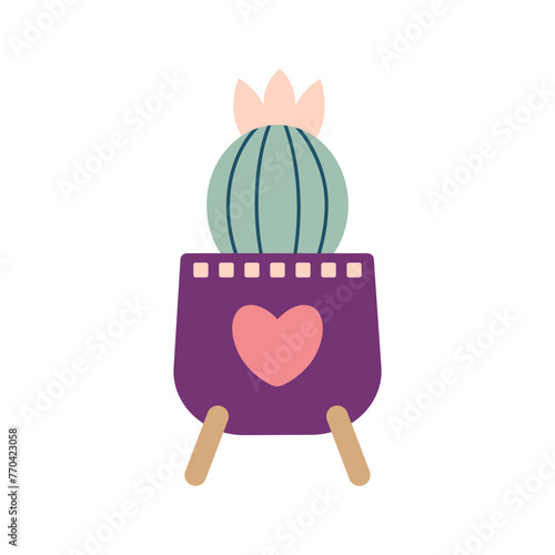 Colorful blooming cacti, succulent in pot. Cute hand drawn sketch of cactus. Doodle style, flat design. Scandinavian, boho style. Vector illustration. Exotic and Tropical Plant, home decor