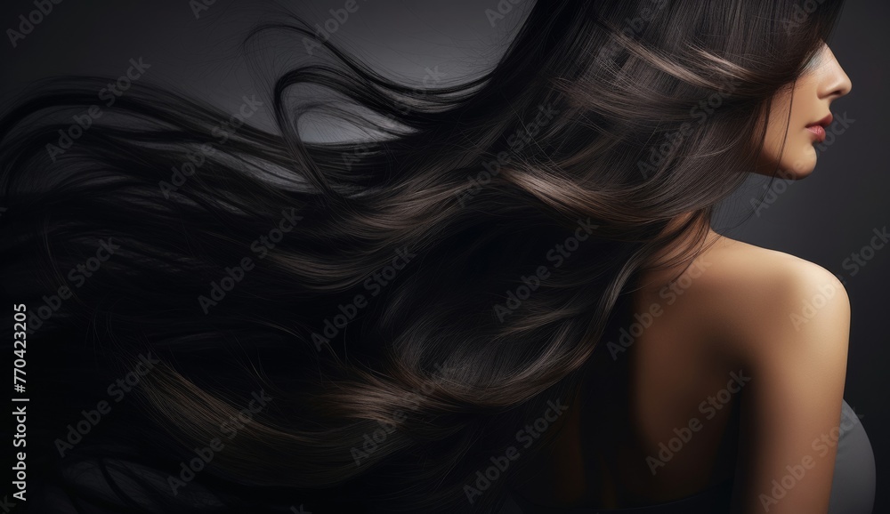 a woman with luscious, glossy, wavy black hair, radiating health and vitality with every sleek strand. a woman with luscious, glossy, wavy black hair, radiating health and vitality with every sleek strand.