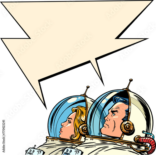 Pop Art Retro The astronauts communicate with each other in comic style. Cooperation in space exploration. Cosmic discounts on Black Friday.