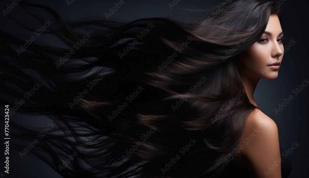 a woman with luscious, glossy, wavy black hair, radiating health and vitality with every sleek strand. a woman with luscious, glossy, wavy black hair, radiating health and vitality with every sleek strand.